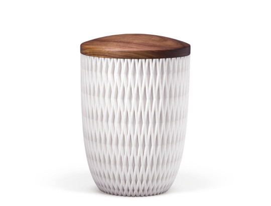 Naturstoffurne, Rauten 3D-Druck, Weiß Matt, Holzdeckel Nussbaum