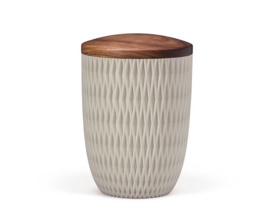 Naturstoffurne, Raute 3D-Druck, Beige Velours, Holzdeckel Nussbaum