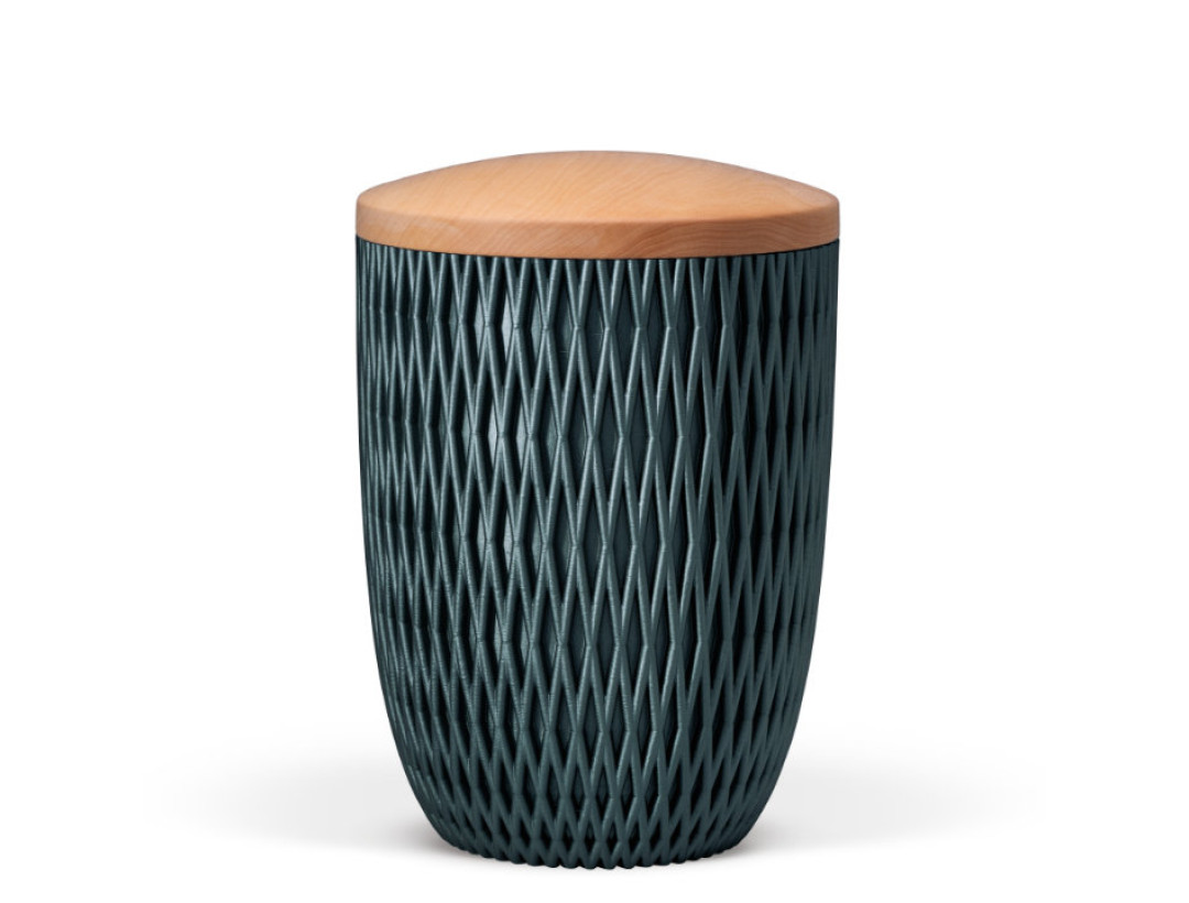 Naturstoffurne, Raute 3D-Druck, Petrol, Holzdeckel Linde