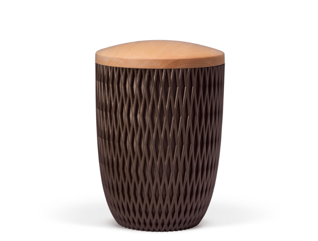 Naturstoffurne, Raute 3D-Druck, Kastanienbraun-Matt, Holzdeckel Linde