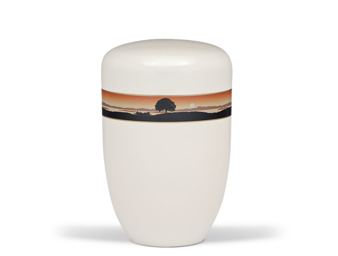 Stahlurne, Cremeweiß, Dekorband Landschaft