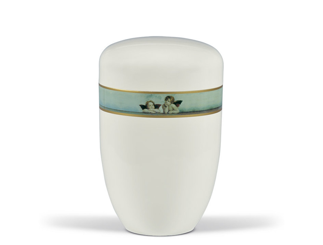 Stahlurne, Cremeweiß, Dekorband Engel