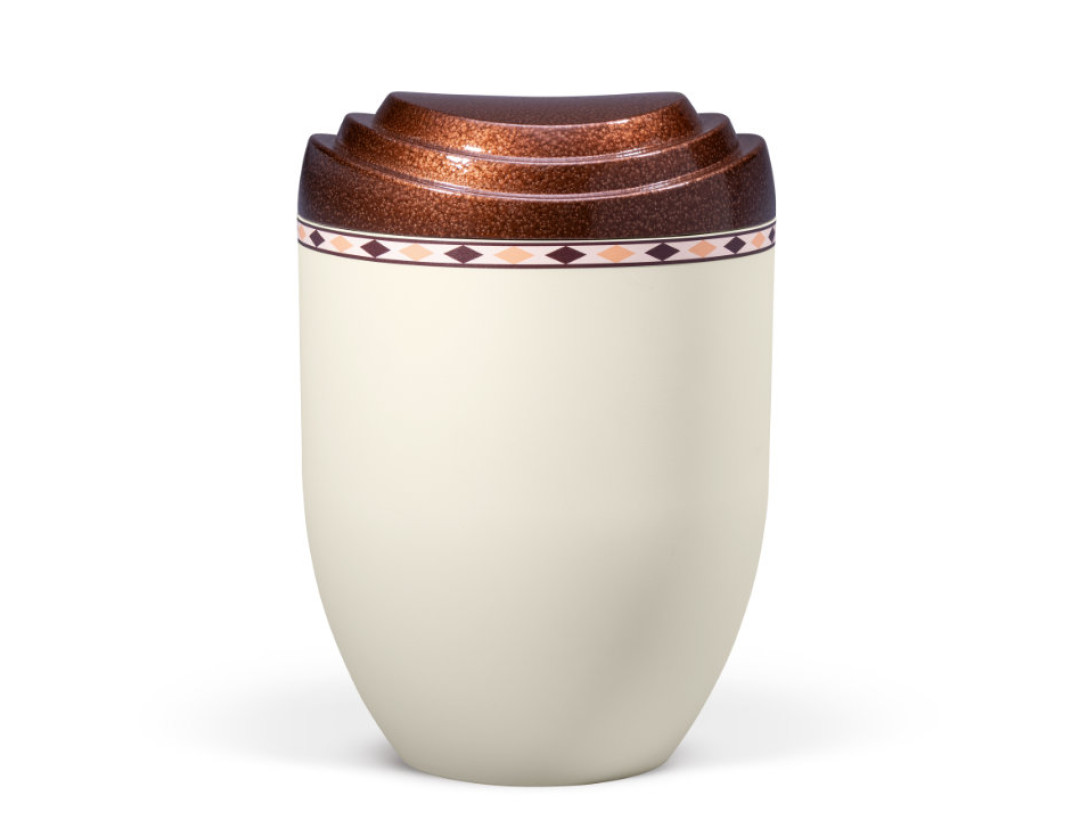 Naturstoffurne, Deckel 3D-Druck Bronze Meliert, Korpus Beige Velours, Rautendekor