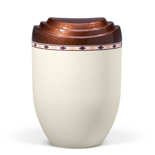 Naturstoffurne mit einem beigen Velours-Korpus und einem bronzefarbenen, melierten 3D-Druck-Deckel, verziert mit einem Rautendekor.
