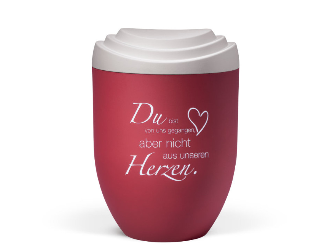 Naturstoffurne, Deckel 3D-Druck Weiß Matt, Korpus Weinrot Velours, Trauertext 2, Dekoremblem Herz (in weiß)