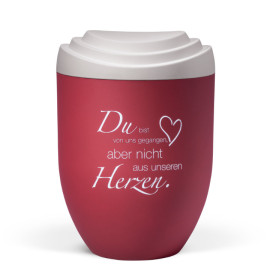 Naturstoffurne, Deckel 3D-Druck Weiß Matt, Korpus Weinrot Velours, Trauertext 2, Dekoremblem Herz (in weiß)