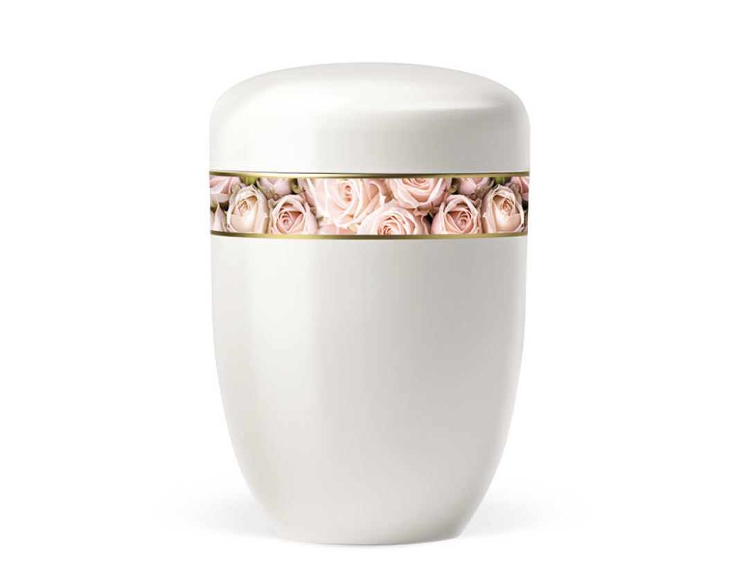 Stahlurne, Cremeweiß, Dekorband Rosenblüten