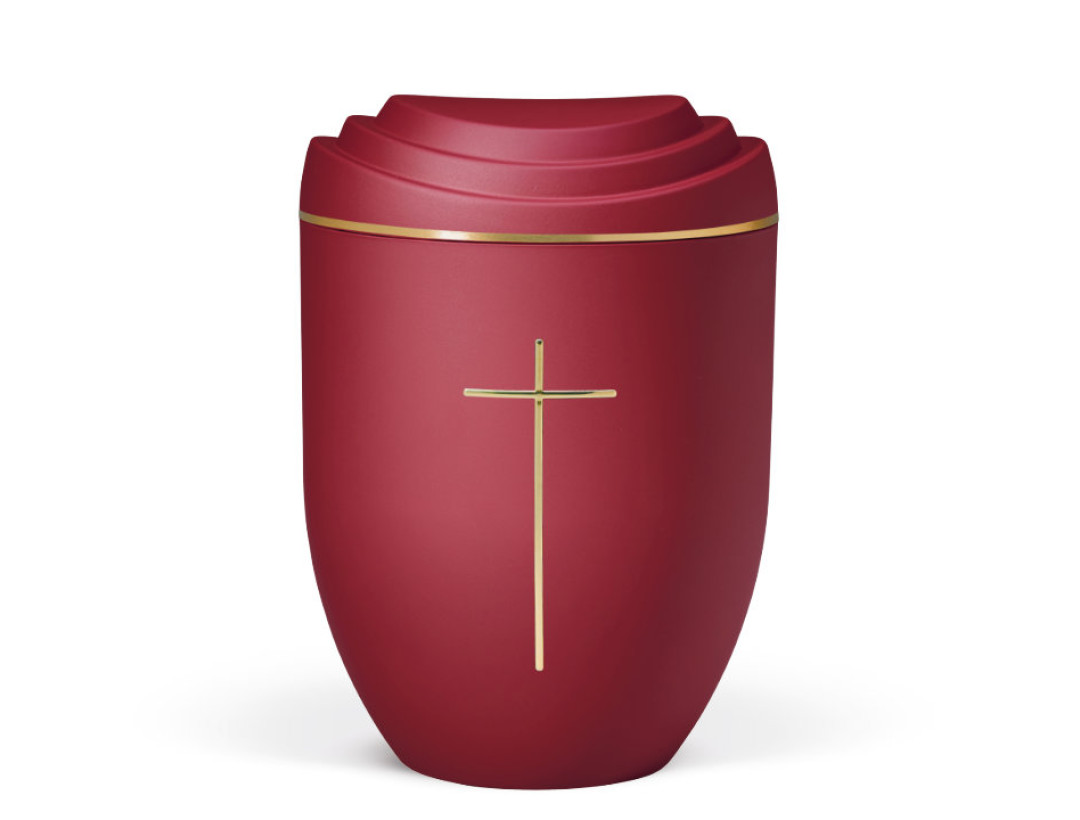 Naturstoffurne, Deckel 3D-Druck, Weinrot Velours, Goldband, Stripdome Kreuz Gold