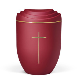 Naturstoffurne, Deckel 3D-Druck, Weinrot Velours, Goldband, Stripdome Kreuz Gold