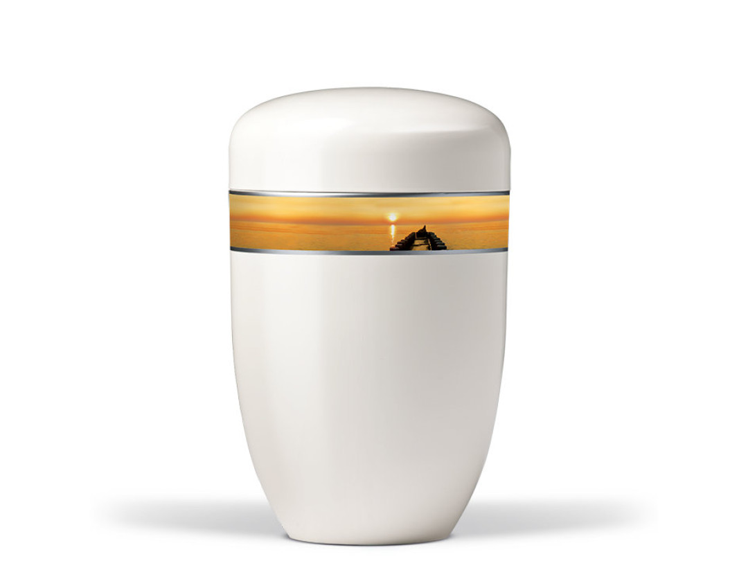 Stahlurne, Cremeweiß, Dekorband Sonnenuntergang am Seesteg