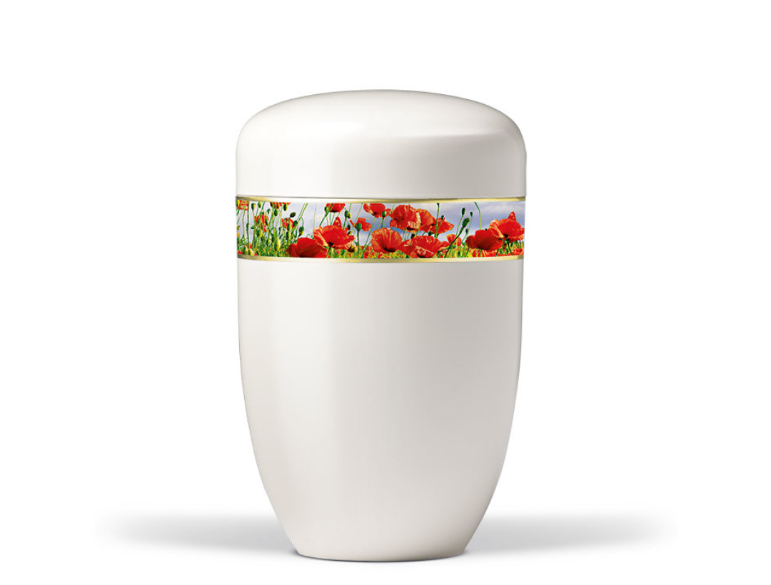 Stahlurne, Cremeweiß, Dekorband Mohnblumenwiese