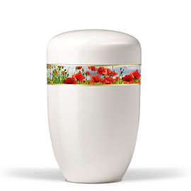 Stahlurne, Cremeweiß, Dekorband Mohnblumenwiese