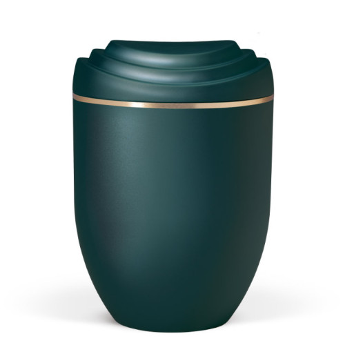 Naturstoffurne in Petrol mit 3D-gedrucktem Deckel und goldfarbenem Band, in eleganter, geschwungener Form, Gesamtansicht.
