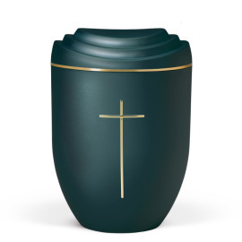 Naturstoffurne, Deckel 3D-Druck, Petrol, Goldband, Stripdome Kreuz Gold