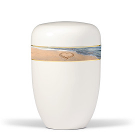 Stahlurne, Cremeweiß, Dekorband Herz am Strand