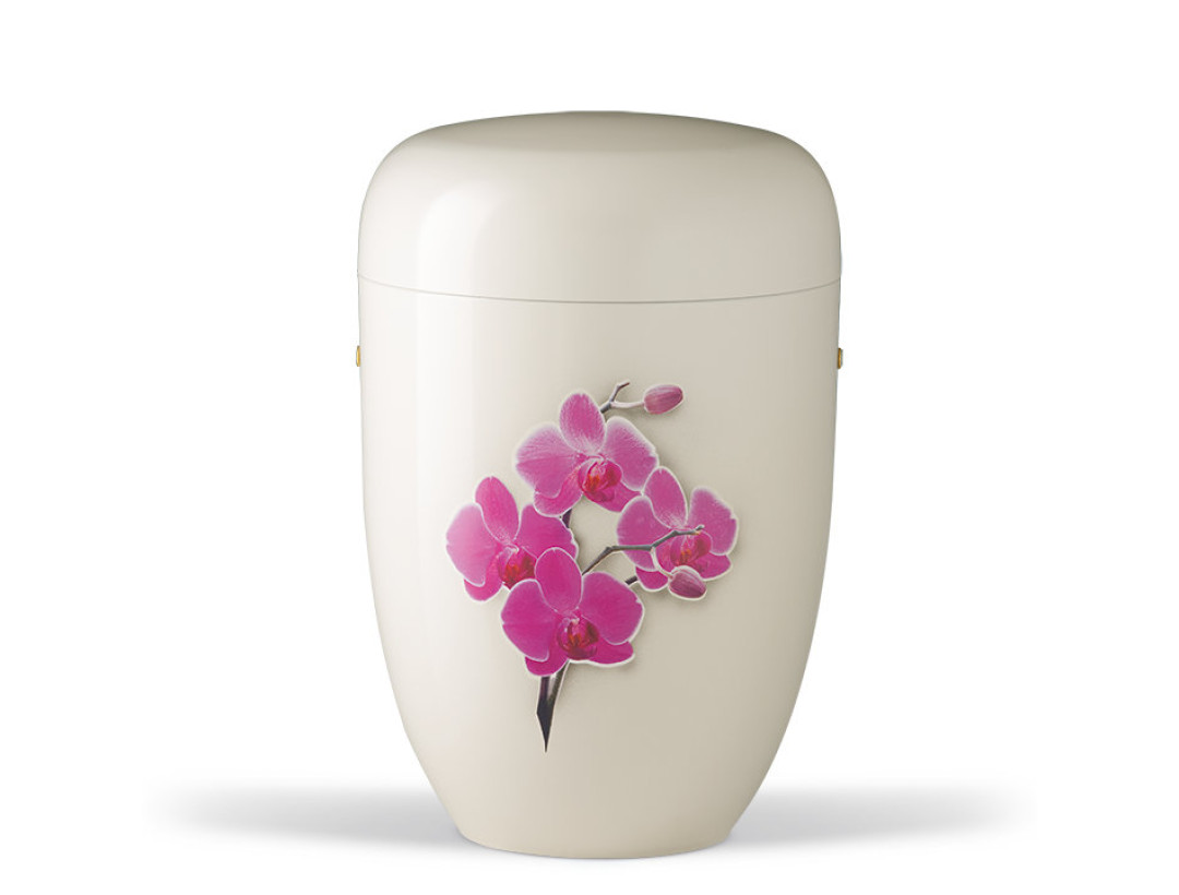 Stahlurne, Cremeweiß, Orchidee mit Airbrush hinterlegt