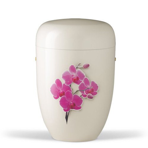 Stahlurne in cremeweiß mit einer Airbrush-Darstellung von pinken Orchideen, ovaler Form und geschlossenem Deckel, Gesamtansicht.