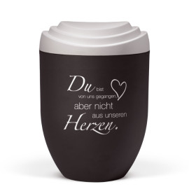 Naturstoffurne, Deckel 3D-Druck Weiß Matt, Korpus Anthrazit Velours, Trauertext 2, Dekoremblem Herz (in weiß)