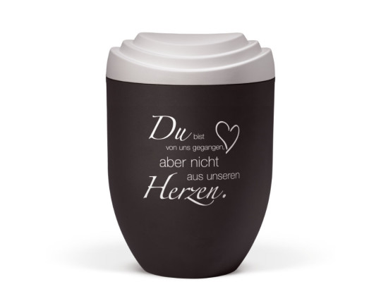 Naturstoffurne, Deckel 3D-Druck Weiß Matt, Korpus Anthrazit Velours, Trauertext 2, Dekoremblem Herz (in weiß)