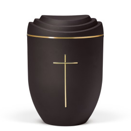 Naturstoffurne, Deckel 3D-Druck, Anthrazit Velours, Goldband, Stripdome Kreuz Gold