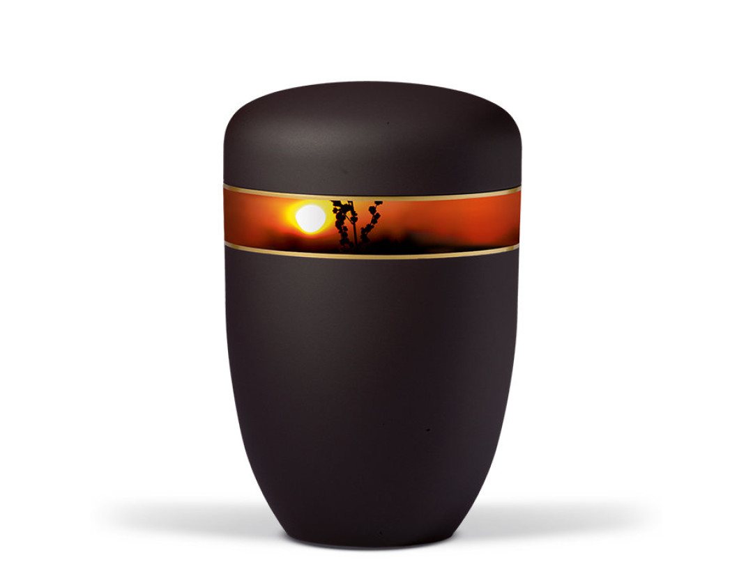 Stahlurne, Anthrazit Velours Dekorband Sonnenuntergang