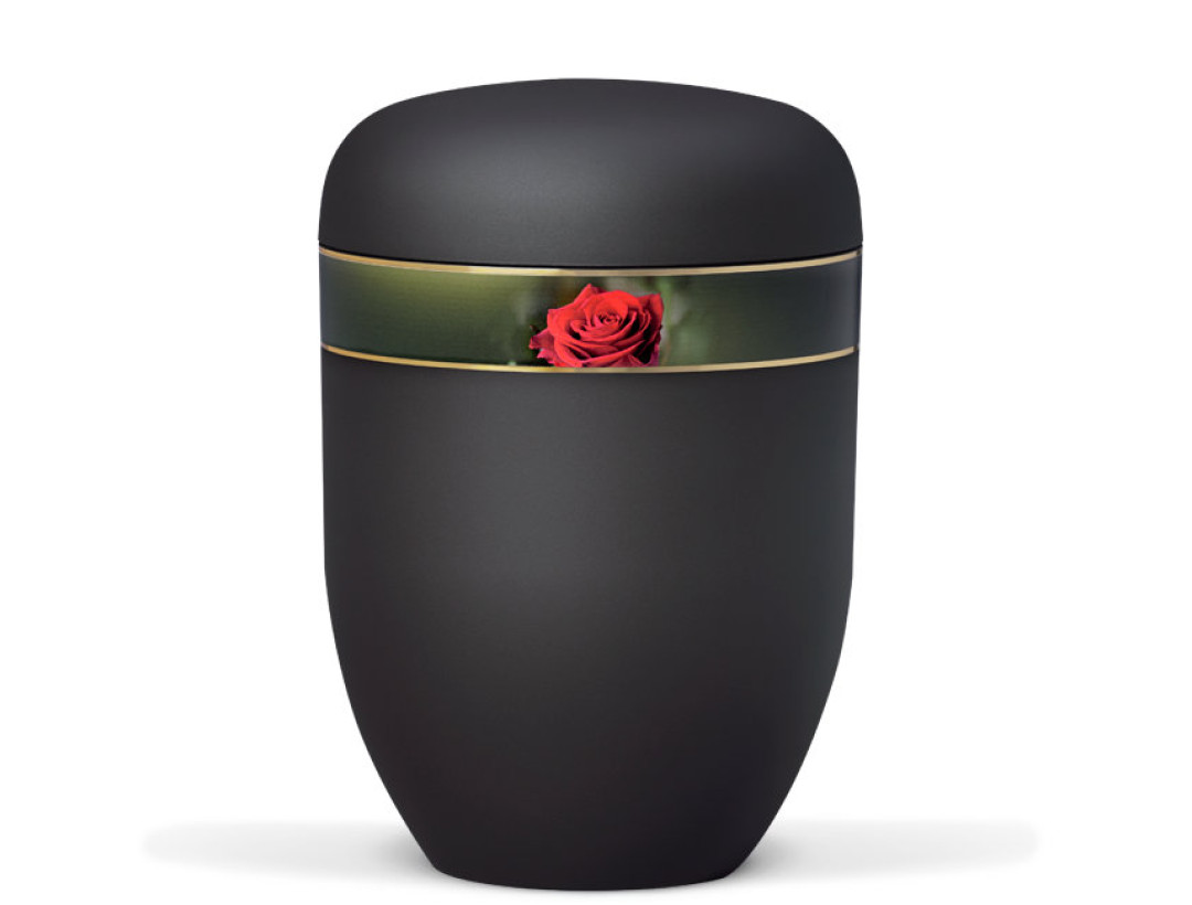 Stahlurne, Anthrazit Velours Dekorband Rosenblüte