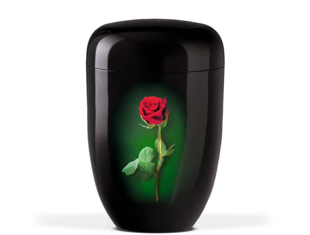 Stahlurne, Schwarz, Stielrose mit Airbrush hinterlegt