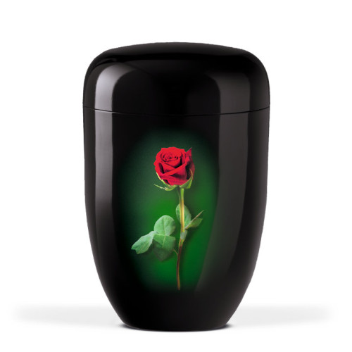 Schwarze Stahlurne mit einer roten Stielrose, die durch Airbrush-Technik auf einem grünen Hintergrund dargestellt ist, Gesamtansicht.