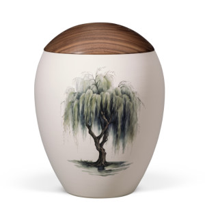 Naturstoffurne, Sandbeige, bauchig glatt, Motiv bedruckt: Trauerweide, Holzdeckel Nussbaum