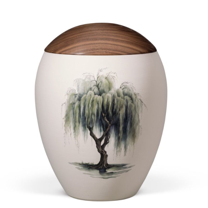 Naturstoffurne, Sandbeige, bauchig glatt, Motiv bedruckt: Trauerweide, Holzdeckel Nussbaum