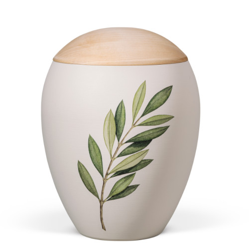 Naturstoffurne, Sandbeige, bauchig glatt, Motiv bedruckt: Olivenzweig, Holzdeckel Linde