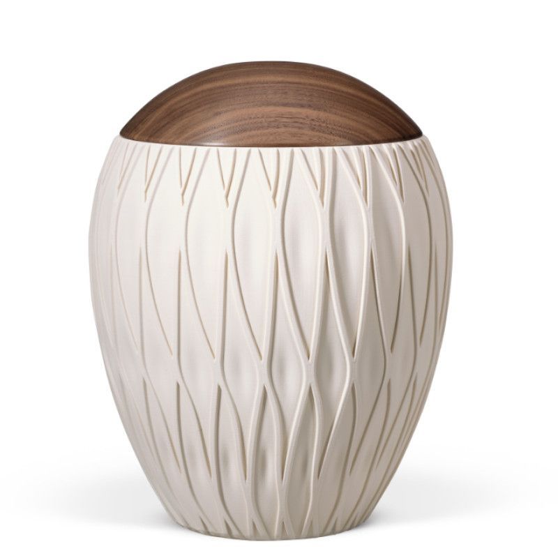 Naturstoffurne, Sandbeige, bauchig, fließ. Rillen, Holzdeckel Nussbaum