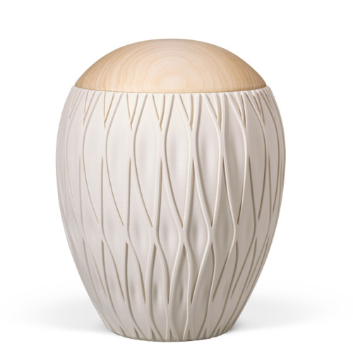 Naturstoffurne, Sandbeige, bauchig, fließ. Rillen, Holzdeckel Linde