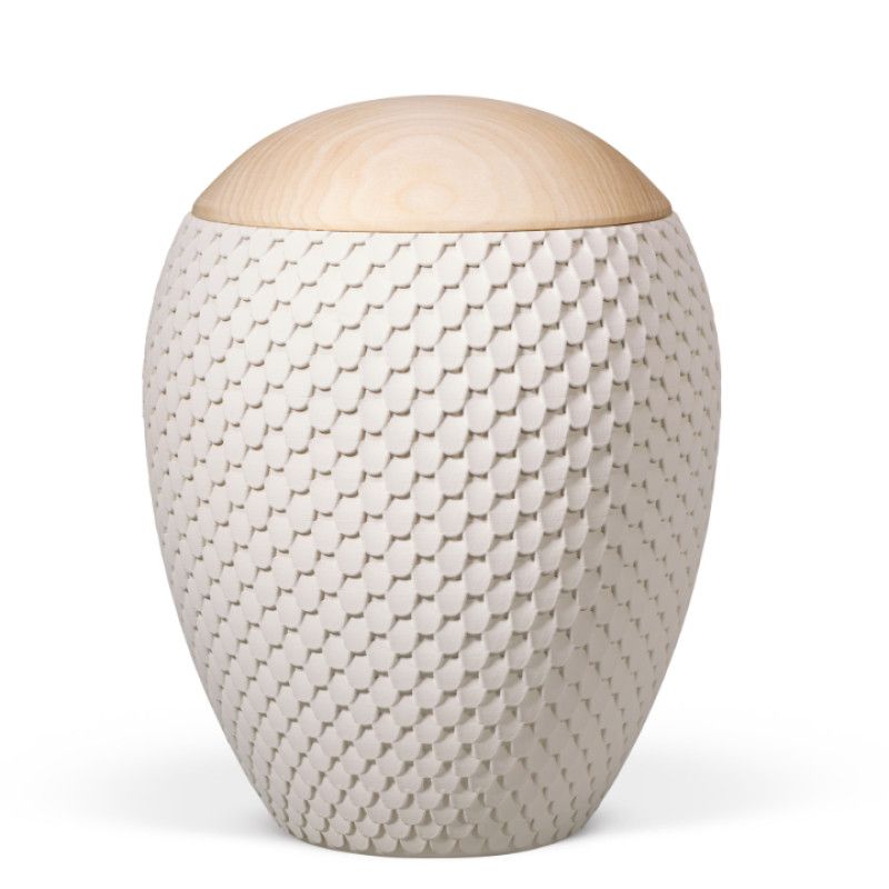 Naturstoffurne, Sandbeige, bauchig, Schuppenstruktur, Holzdeckel Linde