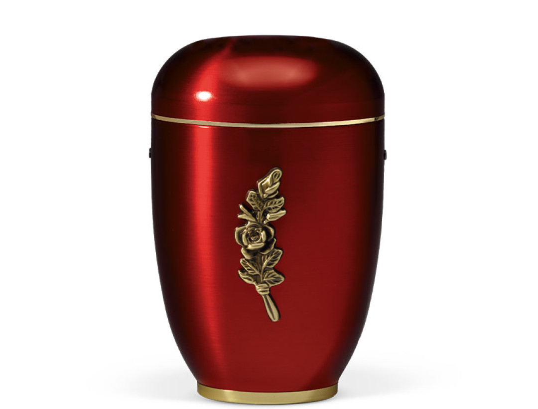 Stahlurne, Weinrot, Mess. Rosenbund Goldband, Fuß Messing