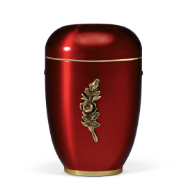 Stahlurne, Weinrot, Mess. Rosenbund Goldband, Fuß Messing