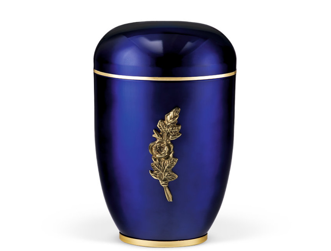 Stahlurne, Kobalt Blau, Mess. Rosen- bund, Goldband, Fuß messing