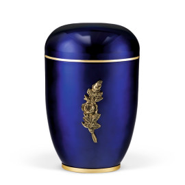 Stahlurne, Kobalt Blau, Mess. Rosen- bund, Goldband, Fuß messing