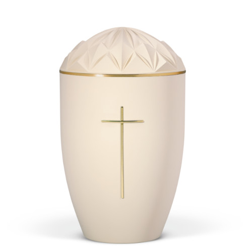 Naturstoffurne, Sandbeige, Goldband, Stripdome Kreuz Gold, Diamant