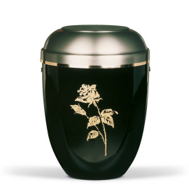 Stahlurne, Schwarz, zinnf. Deckel Goldrose, Goldband
