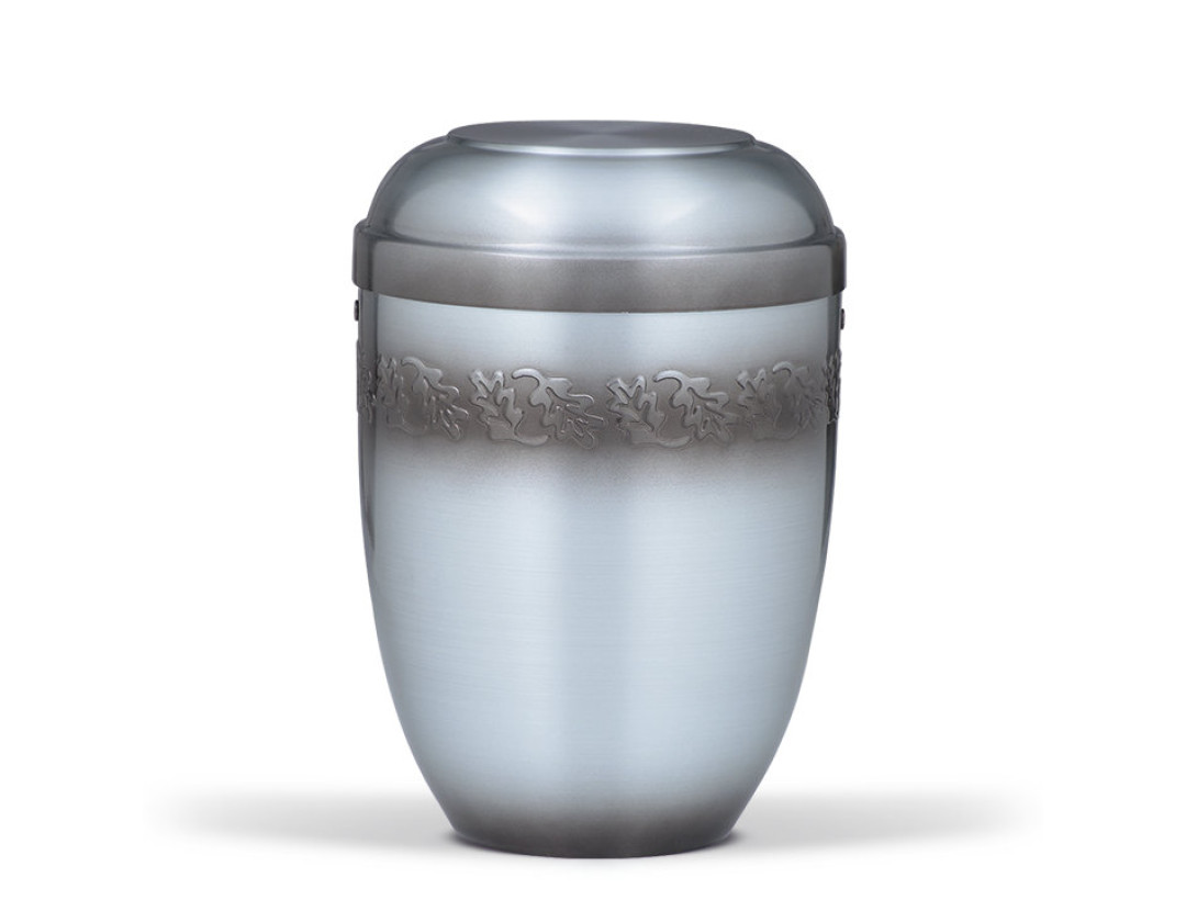 Stahlurne, Zinnfarbig, Patiniert Eichenlaubprägung