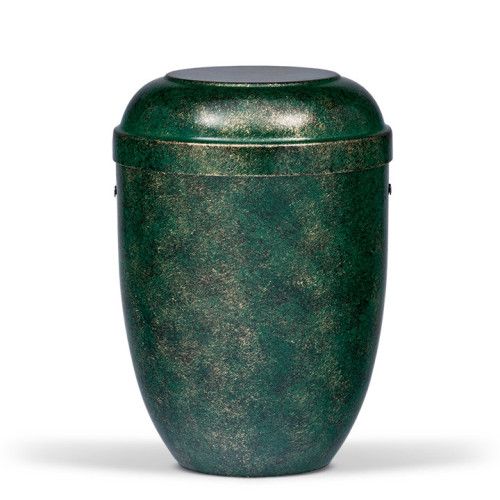 Die Stahlurne in Grün Bronze patiniert hat eine ovale Form, eine glatte Oberfläche mit schimmernden Effekten und einen abnehmbaren Deckel.
