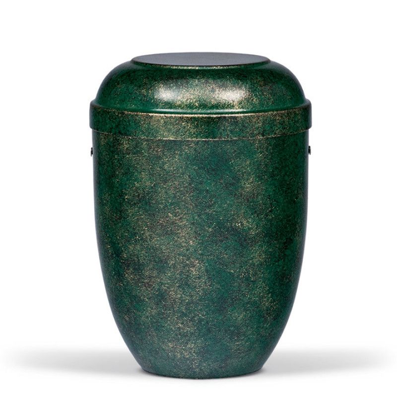 Die Stahlurne in Grün Bronze patiniert hat eine ovale Form, eine glatte Oberfläche mit schimmernden Effekten und einen abnehmbaren Deckel.