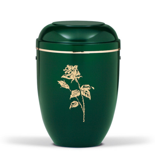 Die Stahlurne in moosgrün hat eine ovale Form, ist mit einer goldenen Rose verziert und besitzt ein goldfarbenes Band um den oberen Rand.