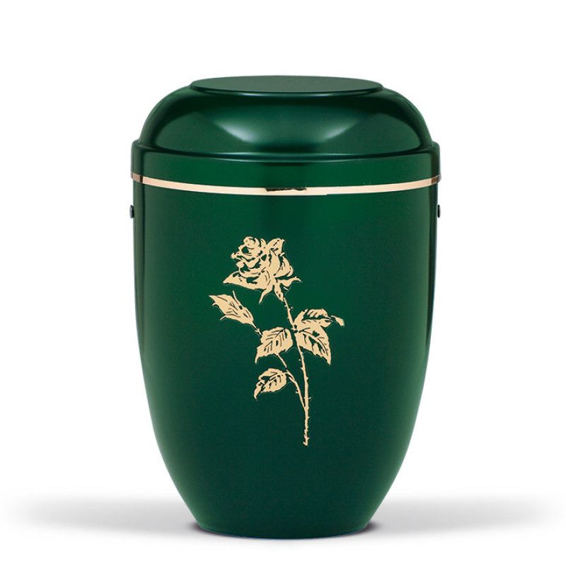 Die Stahlurne in moosgrün hat eine ovale Form, ist mit einer goldenen Rose verziert und besitzt ein goldfarbenes Band um den oberen Rand.