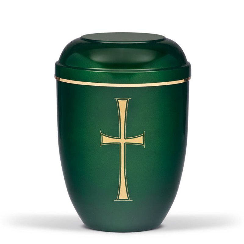 Stahlurne in moosgrün mit goldfarbenem Kreuz und goldener Borte, in runder Form mit gewölbtem Deckel, Gesamtansicht.