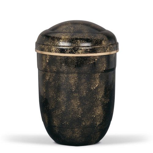 Stahlurne in Schwarz mit bronzefarben patinierter Oberfläche und einem goldenen Band am Deckel, in Gesamtansicht.