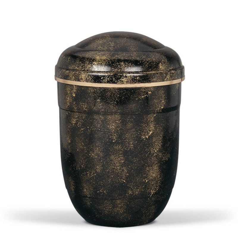 Stahlurne in Schwarz mit bronzefarben patinierter Oberfläche und einem goldenen Band am Deckel, in Gesamtansicht.