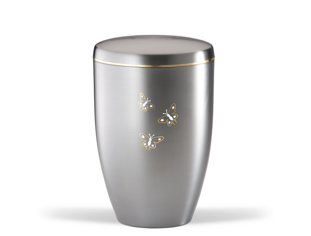 Stahlurne ZIHESTA, Goldband Schmetterlinge Weiß-Gold Glänzend