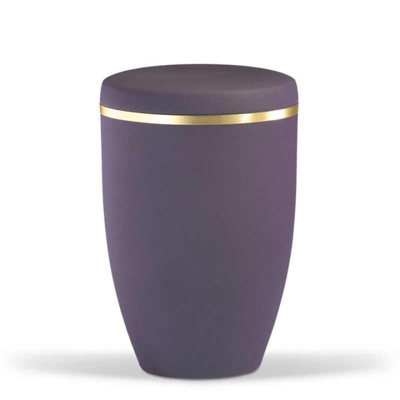 Stahlurne in violettem Velours mit gebürstetem Goldband, zylindrische Form, Gesamtansicht ohne Dekoration.
